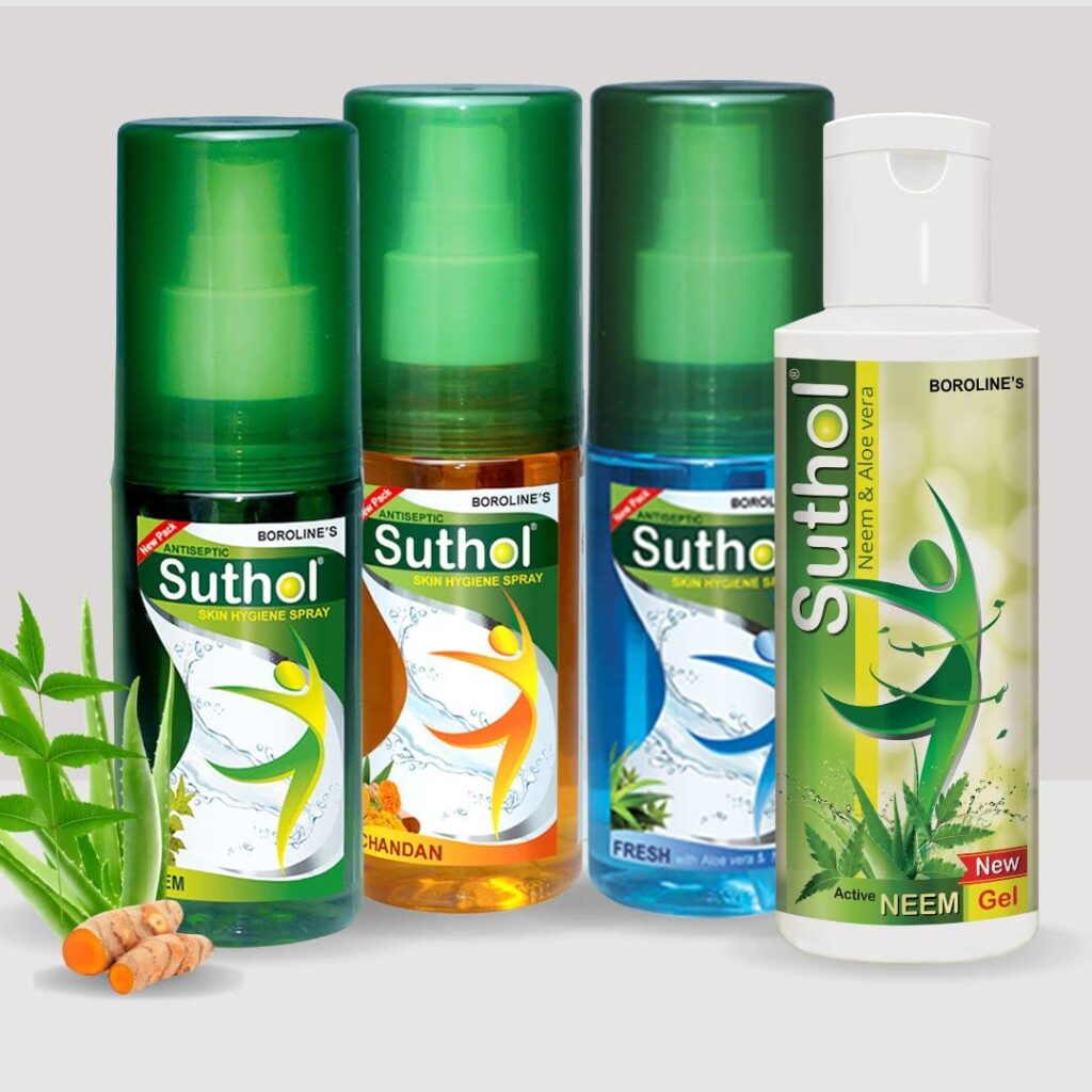 BOROLINE's Suthol Active Neem Gel 100 ml + Neem Spray 100ml+ Chandan Spray 100ml + Fresh spray 100 ml